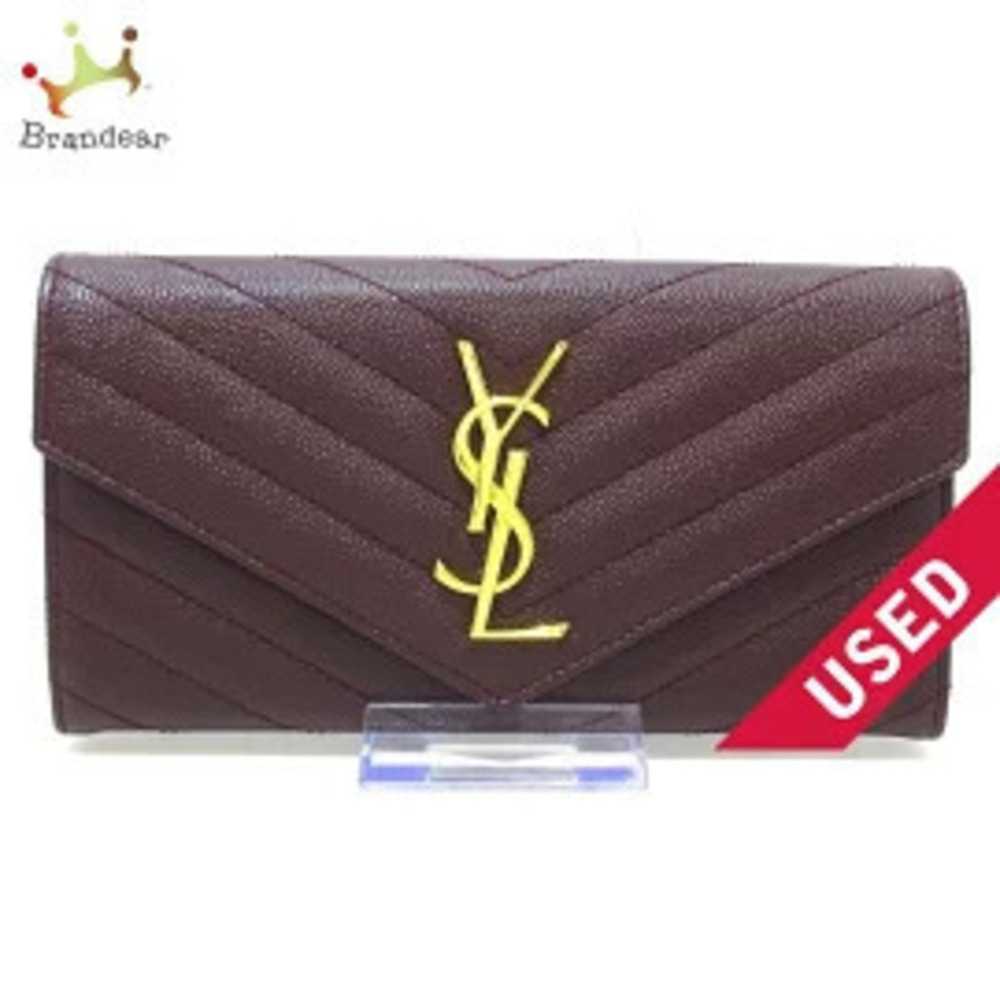 SAINT LAURENT PARIS Long Wallet Bordeaux Purple Brown Gold Leather Metal